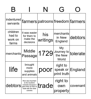 Colonial Life Bingo Card