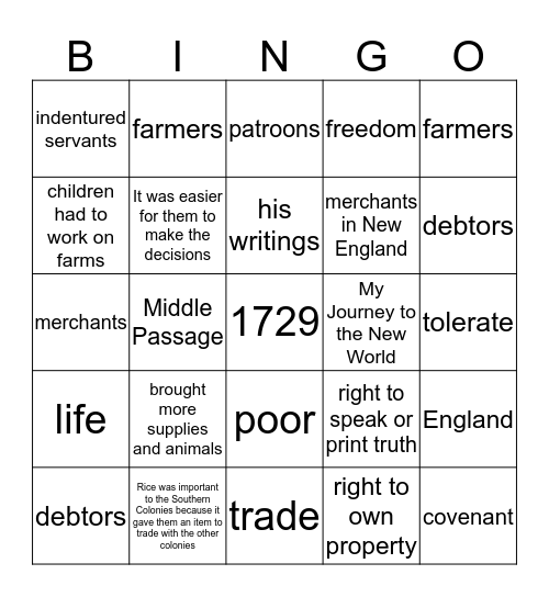 Colonial Life Bingo Card