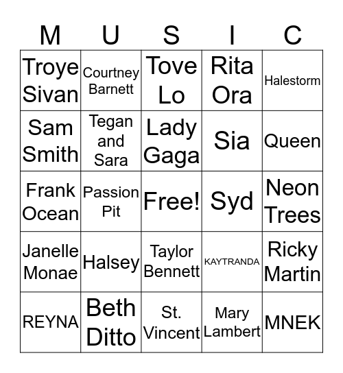 Pride Music Bingo Card