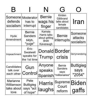 Democratic Primary Debate Bingo Card