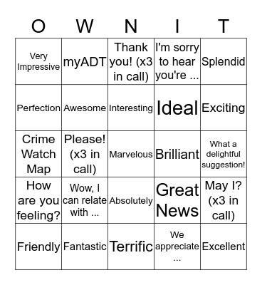The OWN IT Bingo Board Bingo Card