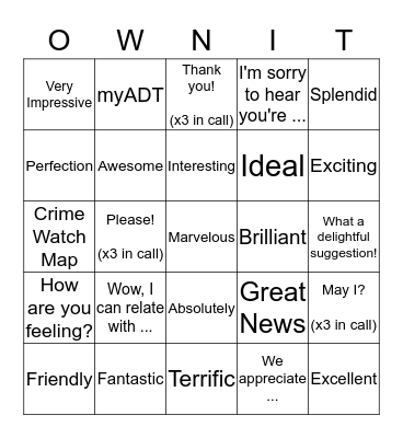 The OWN IT Bingo Board Bingo Card
