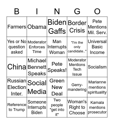 SD for Pete Debate Watch Party Bingo Card