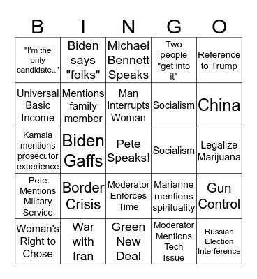 SD for Pete Debate Watch Party Bingo Card