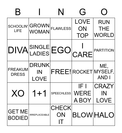 Beyonce Bingo Card