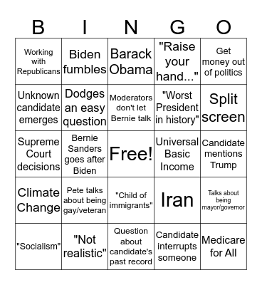 Democratic Debate Night 2 Bingo Card