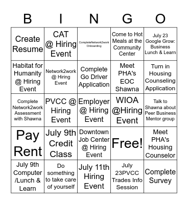 PHA's July  Community Wealth Building Bingo Card