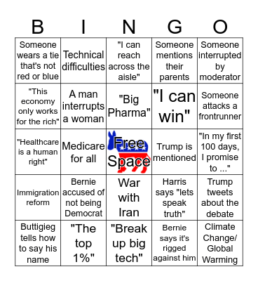 Democratic Debate Bingo Card