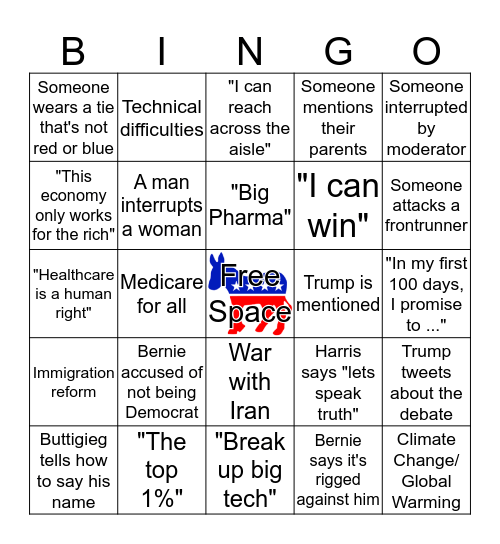 Democratic Debate Bingo Card