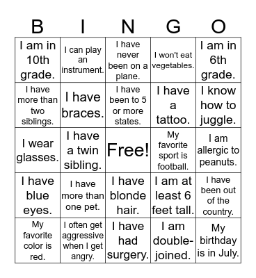 Getting To Know Others Bingo Card