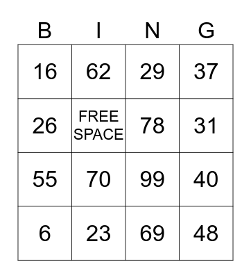 1-100 number ID Bingo Card