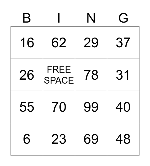 1-100 number ID Bingo Card
