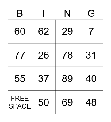 1-100 number ID Bingo Card