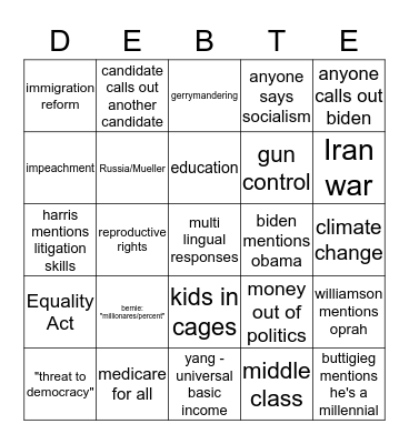 DEMOCRATIC DEBATE BINGO Card