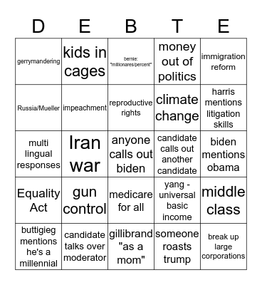 DEMOCRATIC DEBATE BINGO Card