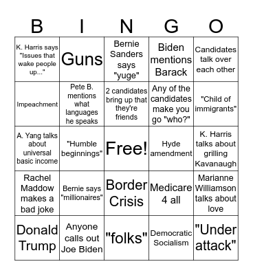 Democratic Debate Bingo Card