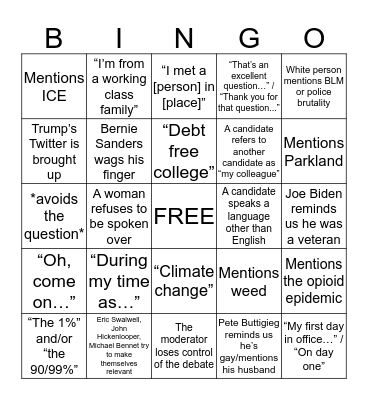 DemDebate Pt. 2 Bingo Card