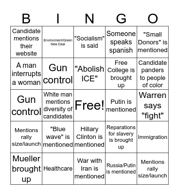 Democratic Debate June 2019: Night 2 Bingo Card