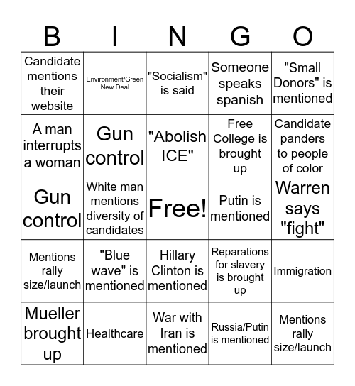 Democratic Debate June 2019: Night 2 Bingo Card
