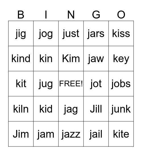 J and K words (Orton lessons 11 and 12) Bingo Card