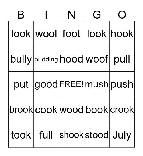 OO and U Words Bingo Card