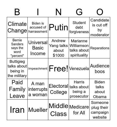 Democratic Primary Debate Bingo! Bingo Card