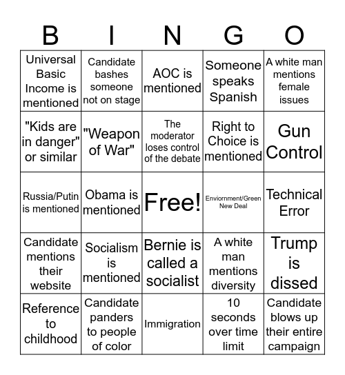 Democrat Debate #2 Bingo Card