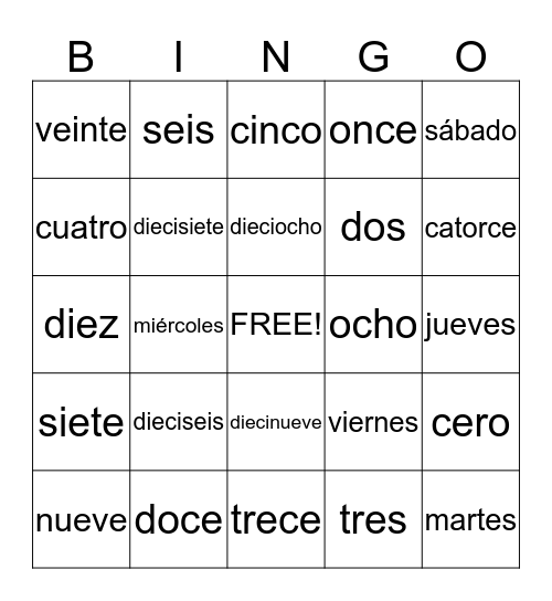 Días de la semana y números 0-20 Bingo Card