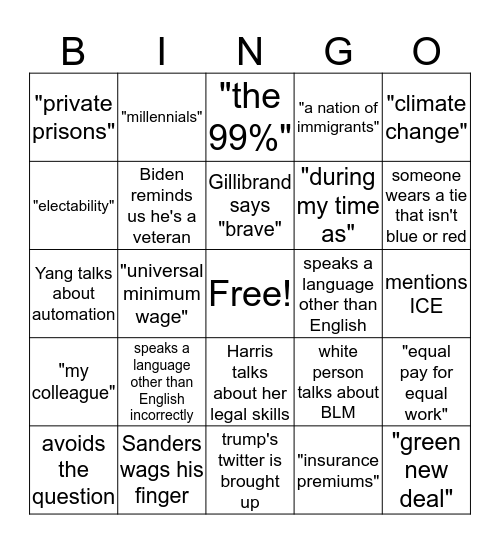 Dem Debate Bingo Card