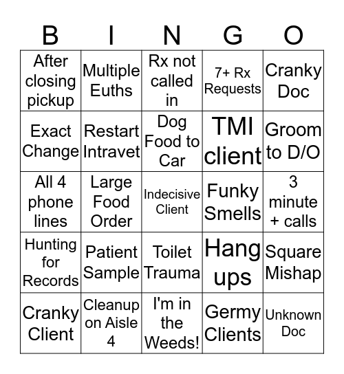 Receptionist Bingo Card