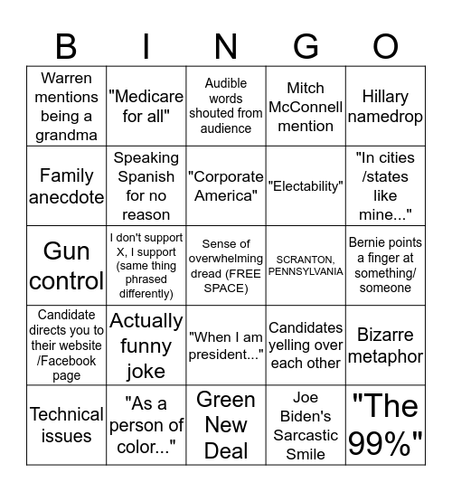 Democratic Debates Bingo Card