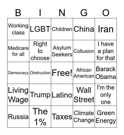 Democrat Debate Bingo Card