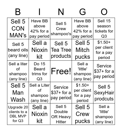 Sport Clips Bingo Card