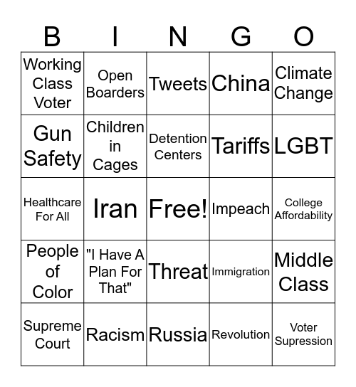 2020 Democratic Debate Bingo Card