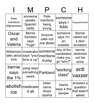 DNC Debate 2020 Bingo Card