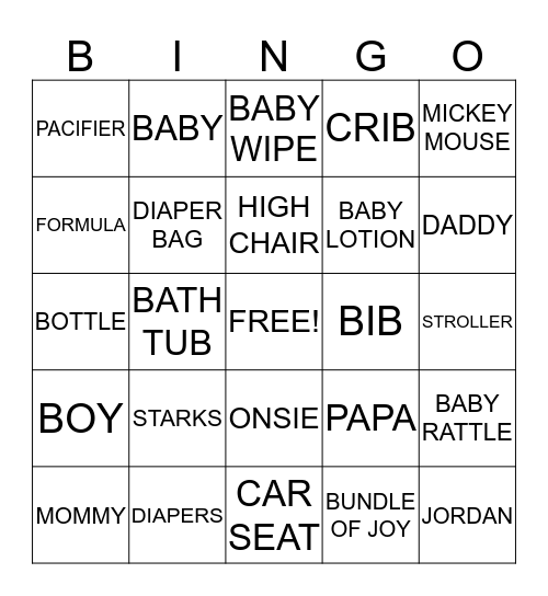 Baby Jordan Starks Bingo Card