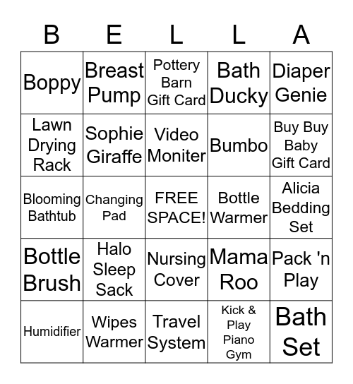 Baby Bella Gift Bingo Card