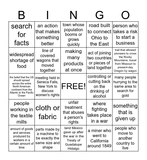 Chapter 11 Vocabulary  Bingo Card