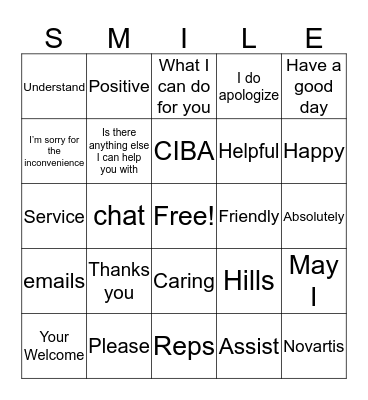 Customer Service Bingo Card