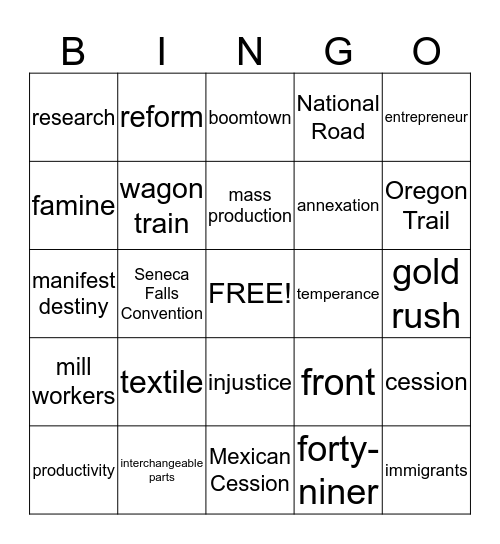Chapter 11 Vocabulary Bingo Card