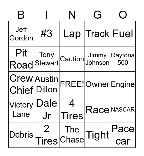 NASCAR  Bingo Card