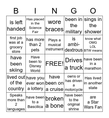 Get To Know Me Bingo Card