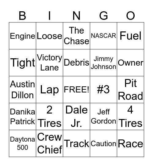 NASCAR Bingo Card