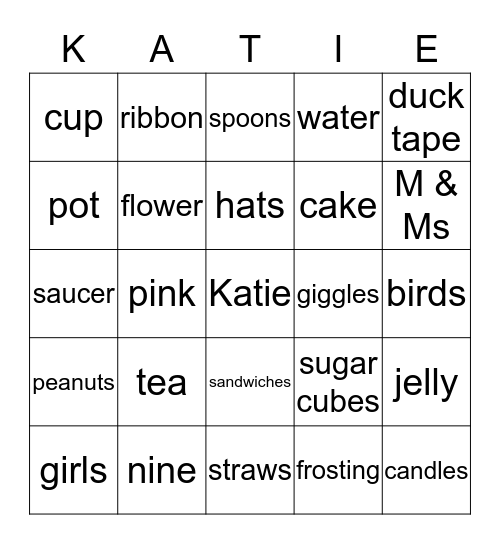 Tea Party Bingo Card