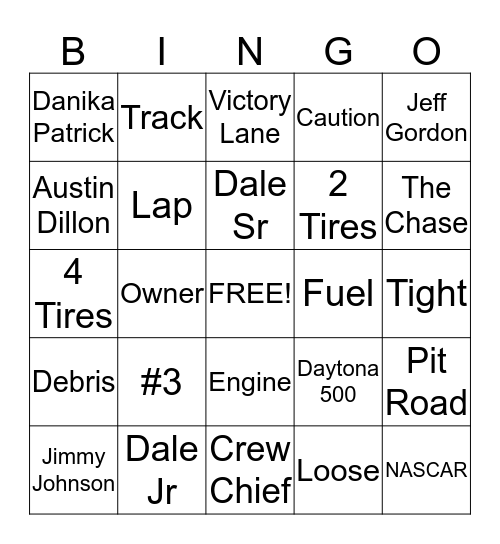 NASCAR Bingo Card