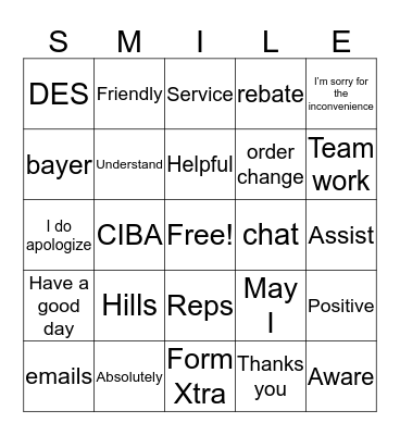 Customer Service Bingo Card