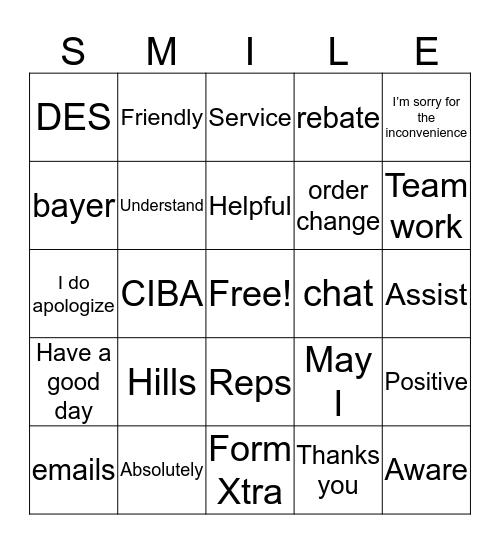 Customer Service Bingo Card