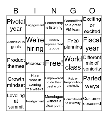 Product FY20 Re-alignment Bingo Card