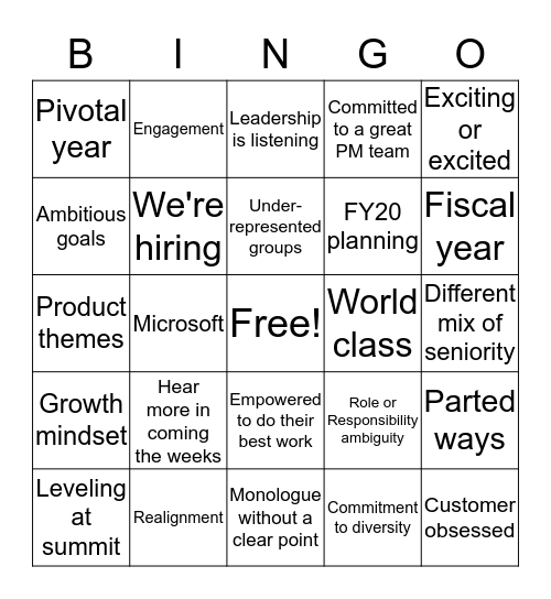 Product FY20 Re-alignment Bingo Card