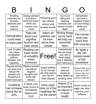 Health Facts Bingo Card